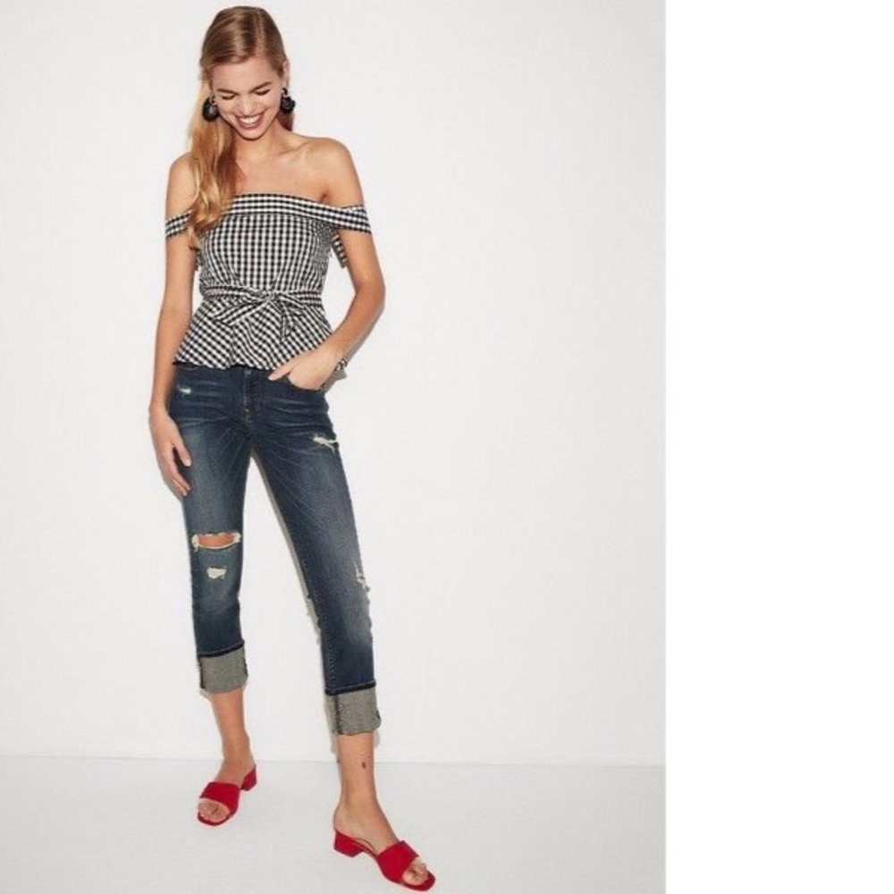 NWT Express Gingham Off the Shoulder Top 10P - Picture 2 of 8